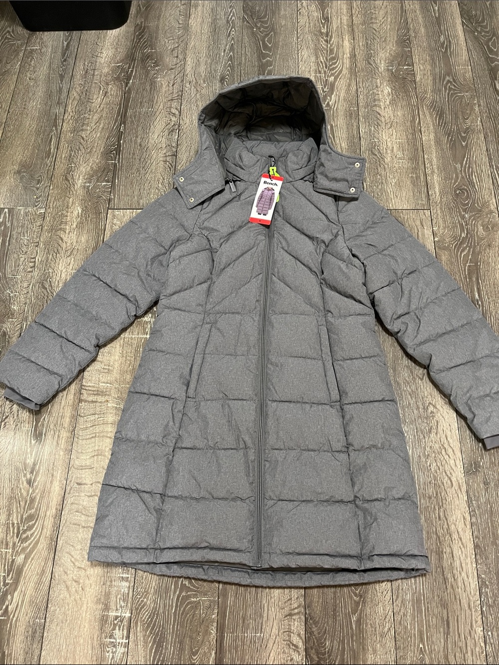 Bench women’s long puffer jacket coat hoooded gray size medium new